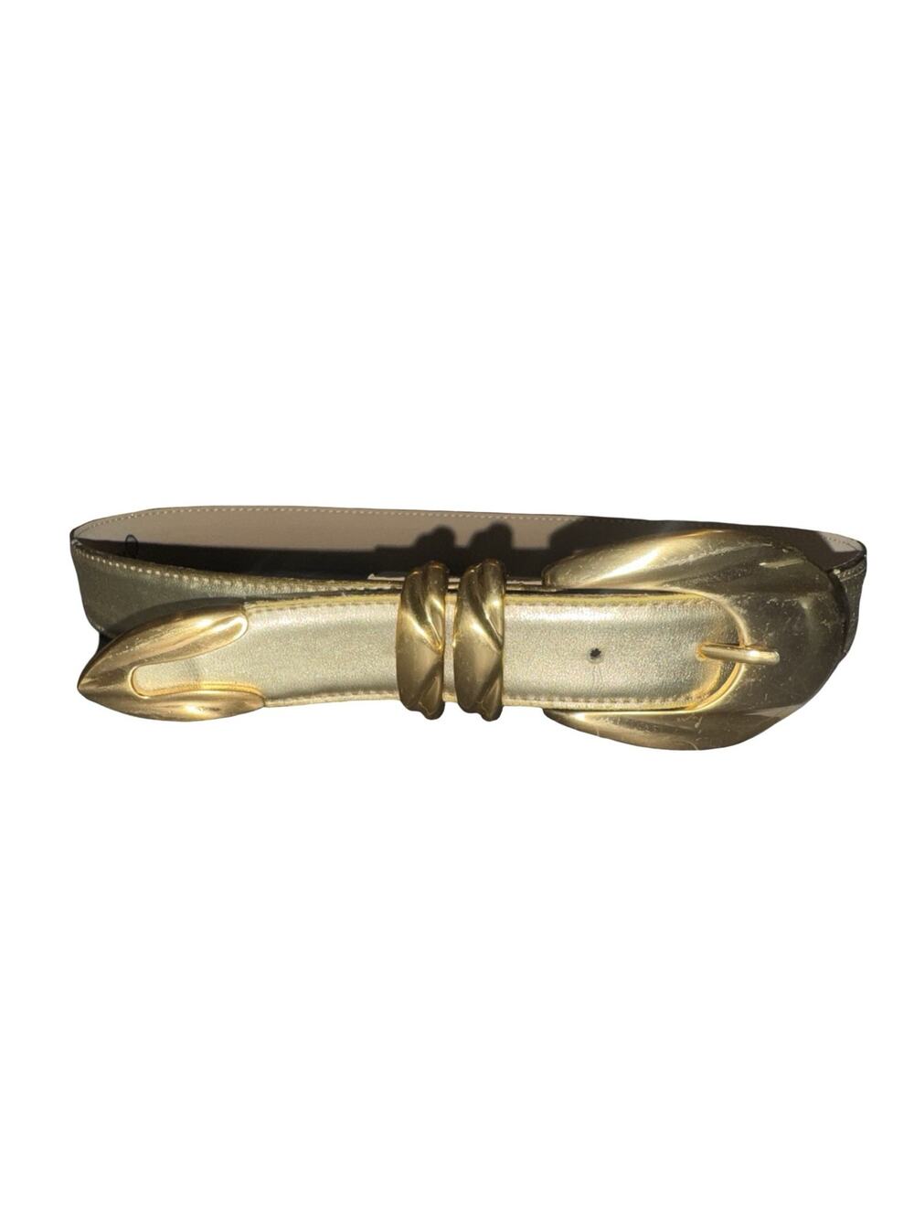 Captive Gold Leather Belt Unisex, Brass Buckle Adjustable, Sz 26” - 30”